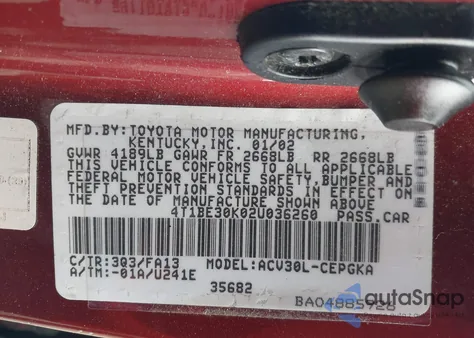 2002 Toyota Camry Xle from USA, damaged, VIN 4T1BE30K02U036260